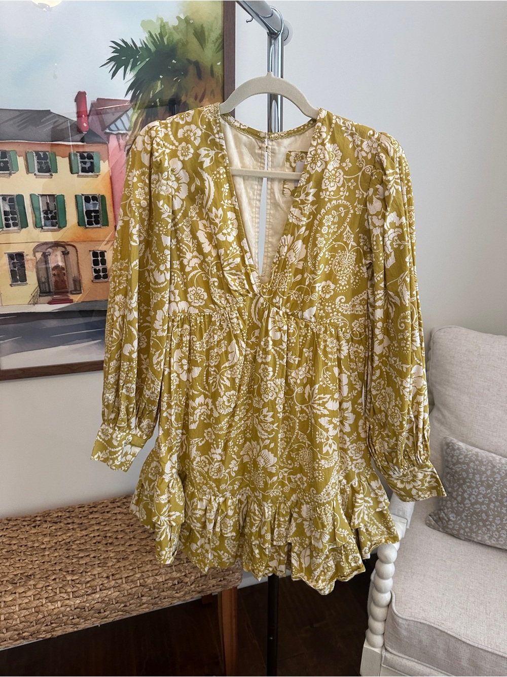 Anthropologie Maeve Floral Ruffle V-Neck Tunic in Mustard and White